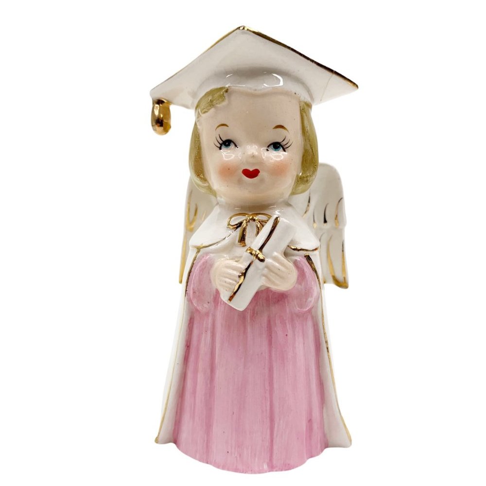 Vtg Graduation Angel Figurine Girl Cap Gown Diploma Graduate Pink White Japan
